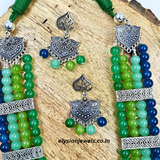 Blue Green Beads With Green Back Rope Oxidized Necklace