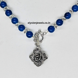 Royal Blue Beads & Silver Beads With Rose Charm Oxidized Necklace