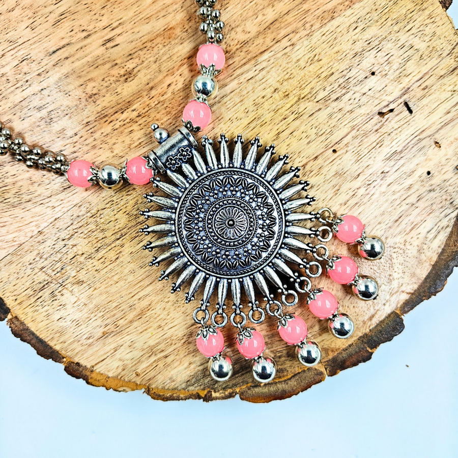 Baby Pink Colour 10mm Beads With Oxidized Pendant Necklace