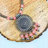 Baby Pink Colour 10mm Beads With Oxidized Pendant Necklace