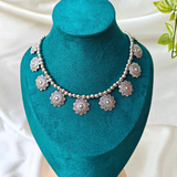 Silver Beads With 9 Flower Charms Oxidized Necklace