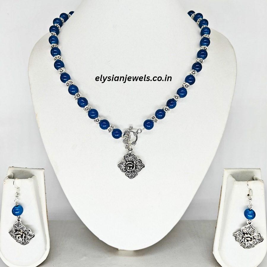 Royal Blue Beads & Silver Beads With Rose Charm Oxidized Necklace