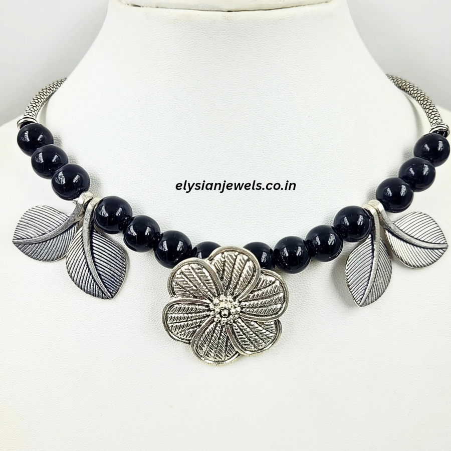 Black Beads, Flower And Leaf Oxidized Pendant Necklace