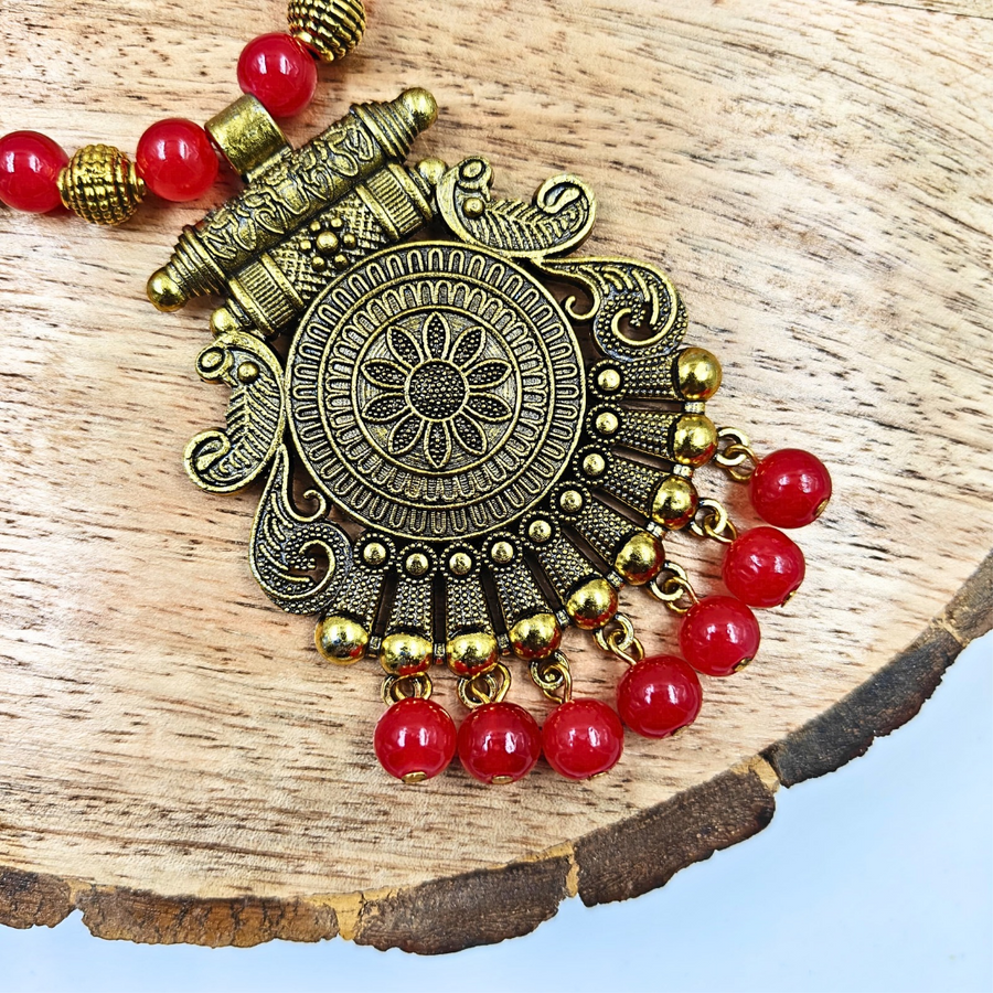 Red Beads With Antique Pendant Necklace
