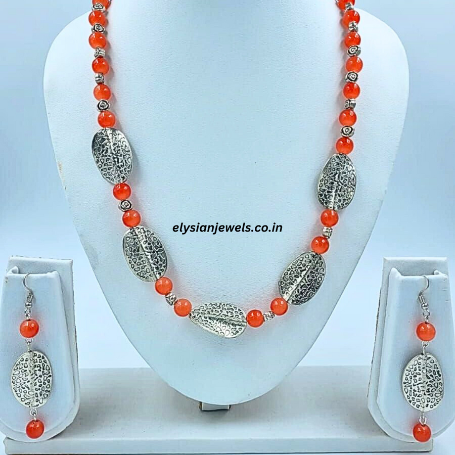 Orange Beads And Silver Rose Beads With Silver Twisted Leaf Oxidized Necklace