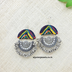Oxidized Chandbali With Peacock Print Fabric Earring