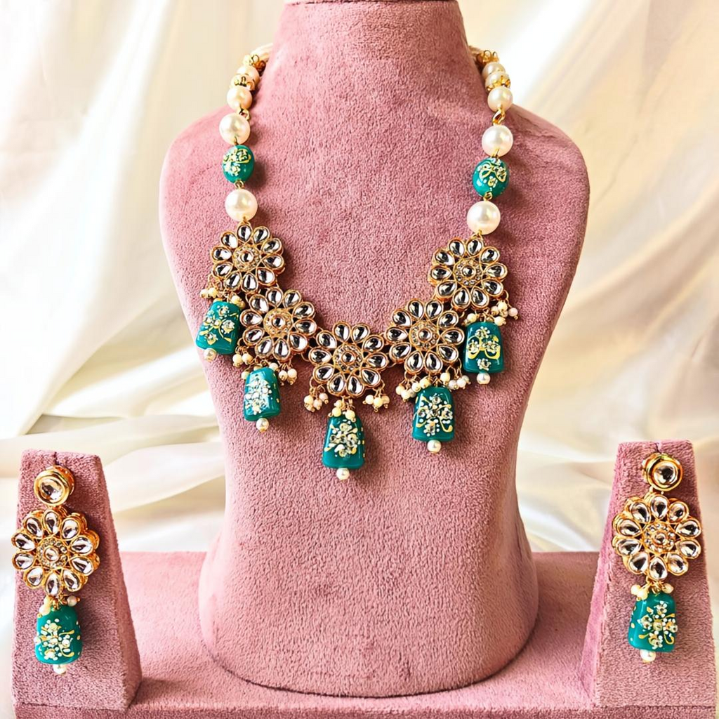 Turquoise Blue Meenakari Tumble Beads With Flower Kundan Long Necklace