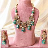 Turquoise Blue Meenakari Tumble Beads With Flower Kundan Long Necklace