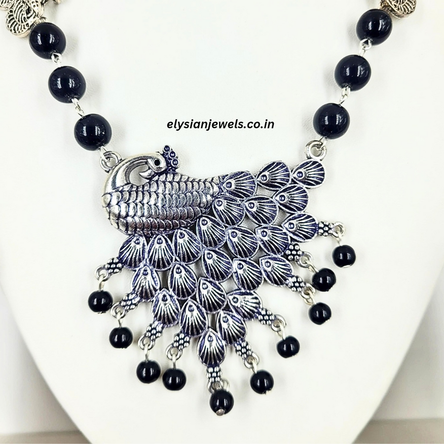 Black Beads With Peacock Oxidized Pendant Necklace