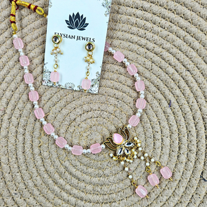 Baby Pink Damru Beads With Baby Pink Lotus Kundan Necklace