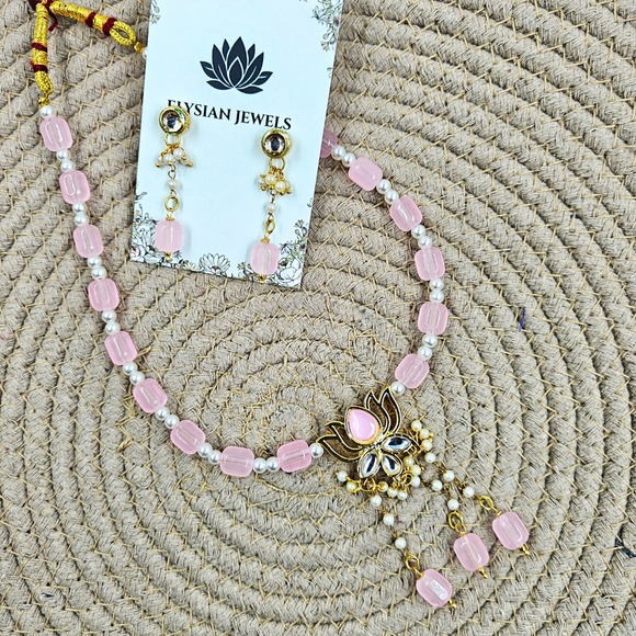 Baby Pink Damru Beads With Baby Pink Lotus Kundan Necklace