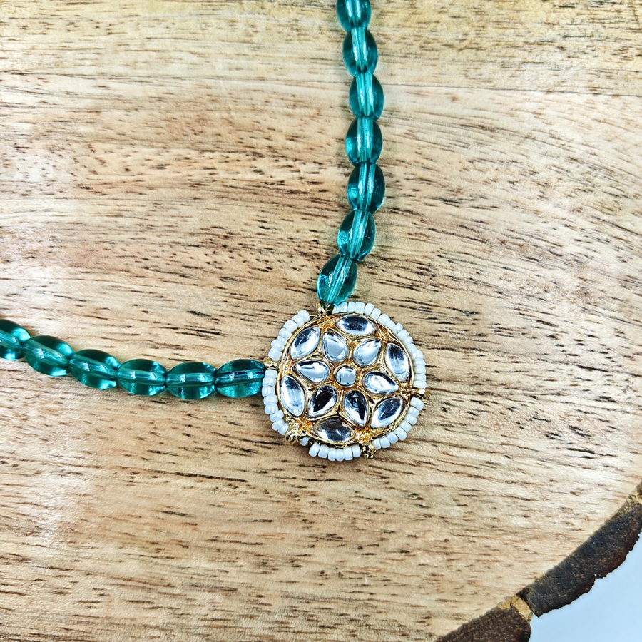 Oval Sky Blue Beads With White Round Moti Kundan Necklace