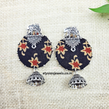 Elephant Design Studs And Oxidized Jhumka With Wine Color Printed Febric Earring