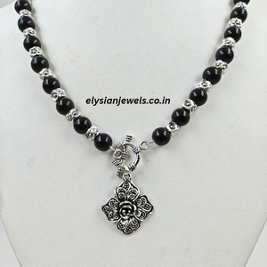 Black Beads & Silver Beads With Rose Charm Oxidized Necklace