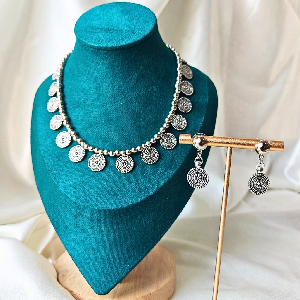 Silver Colour Beads With 14 Silver Round Flower Charms Oxidized Necklace