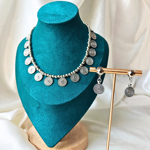 Silver Colour Beads With 14 Silver Round Flower Charms Oxidized Necklace