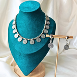 Silver Colour Beads With Silver Round Flower Charms Oxidized Necklace