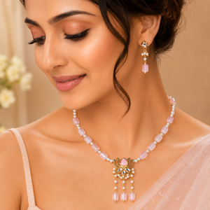 Baby Pink Damru Beads With Baby Pink Lotus Kundan Necklace