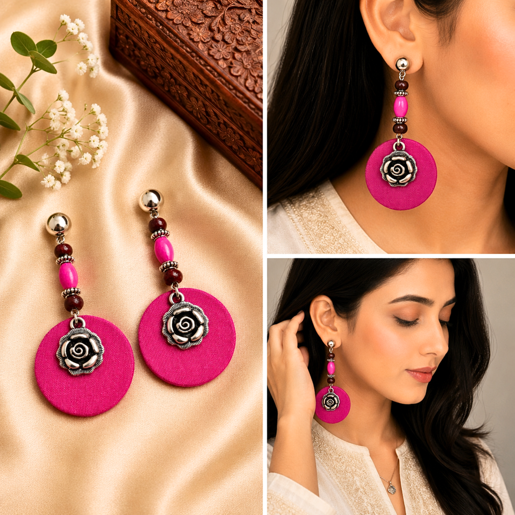 Flower Charm, Wooden Beads With Round Pink Fabric Earring