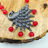Red Beads With Oxidized Peacock Pendant Necklace