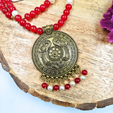 Red And White Pearl Beads With Peacock Antique Pendant Necklace