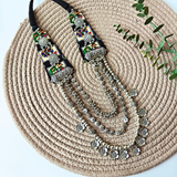 Black Printed Fabric, Oxidized Charms, Oxidized Beads, Silver CCB Ghunghroo With Oxidized Tabij Pendant Necklace