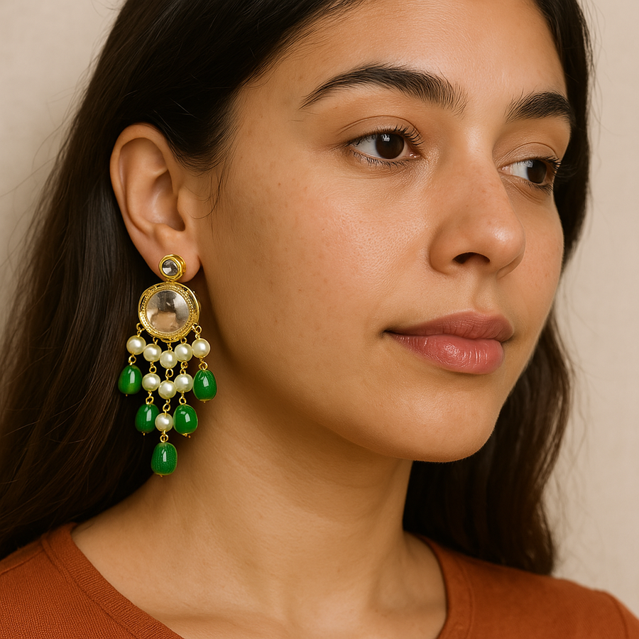 Green Tumble Beads With Round Kundan Earring
