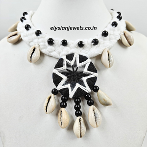 Cowrie, Black And White Mirror Embroidery With White Binuni Dori Necklace