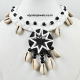 Cowrie, Black And White Mirror Embroidery With White Binuni Dori Necklace