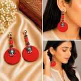 Elephant Charm, Wooden Beads With Round Red Fabric Earring
