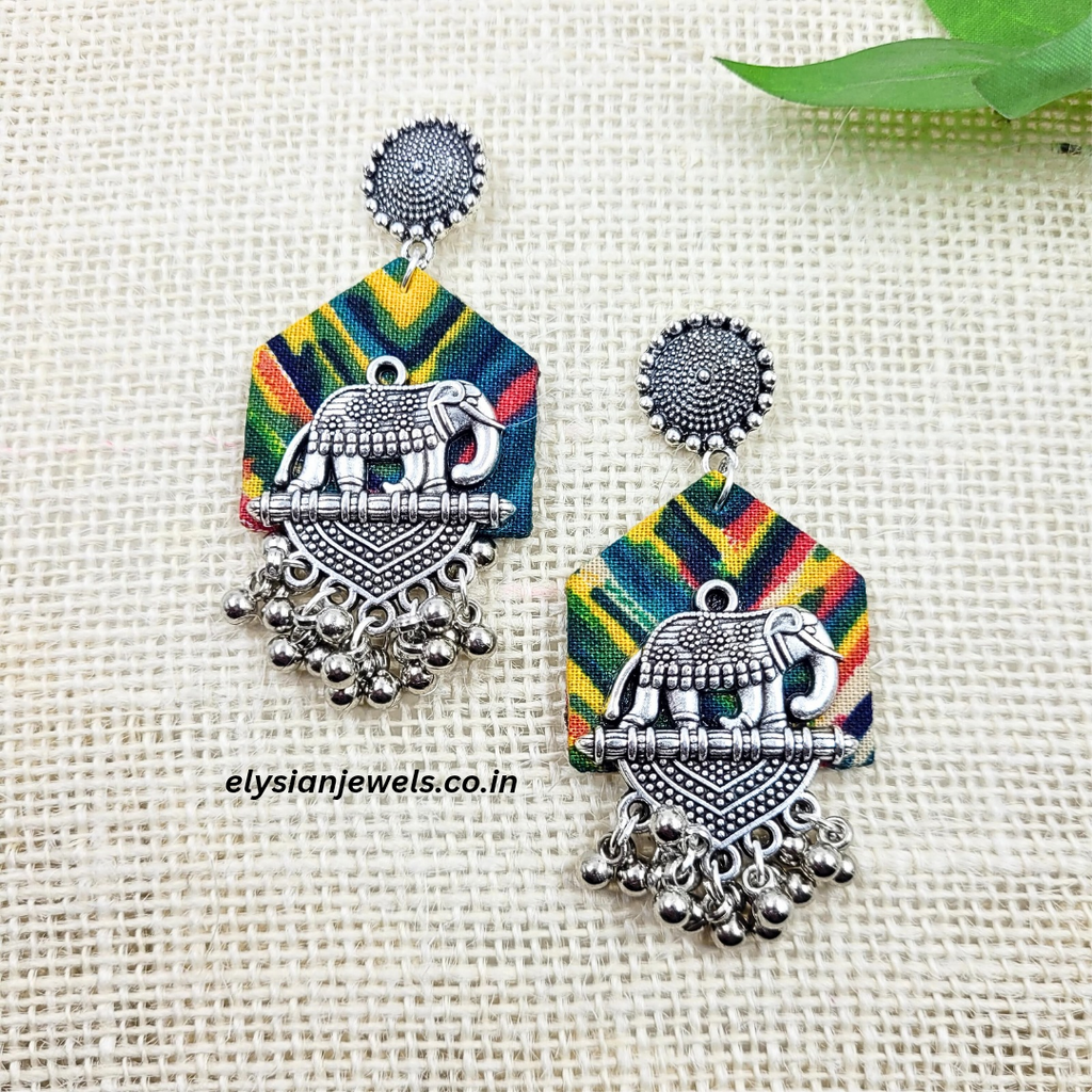 Elephant Design Charm and Oxidized Stud With Peacock Print Fabric Earring