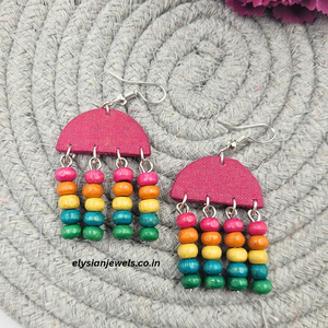 Multicolour Wooden Beads With Pink Semi Circle Shape Fabric Earring