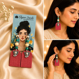 Elephant Charm, Wooden Beads With Dusty Pink Fabric Earring