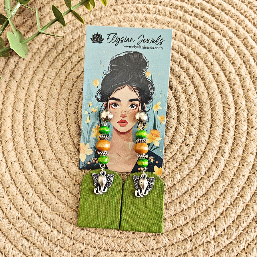 Elephant Charm, Wooden Beads With Green Fabric Earring