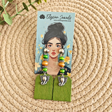 Elephant Charm, Wooden Beads With Green Fabric Earring