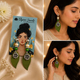 Flower Charm, Wooden Beads With Green Fabric Earring