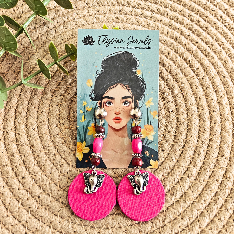 Elephant Charm, Wooden Beads With Round Pink Fabric Earring