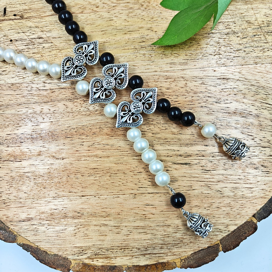 White Pearl & Black Beads With Oxidized Charms Necklace