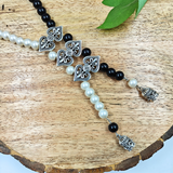 White Pearl & Black Beads With Oxidized Charms Necklace