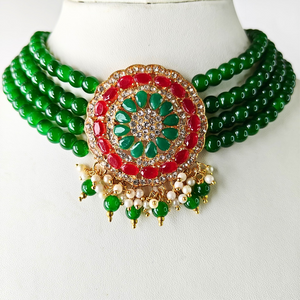 Green Beads With Green And Maroon AD Round Kundan Pendant Necklace