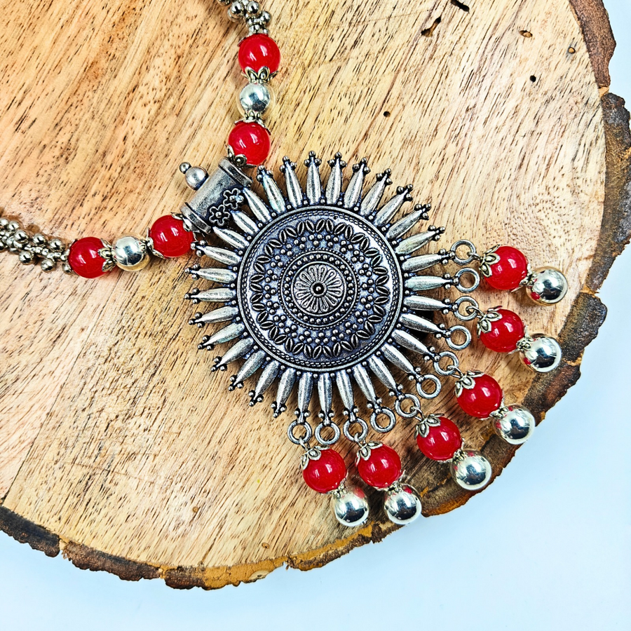 Red Colour 10mm Beads With Oxidized Pendant Necklace
