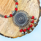 Red Colour 10mm Beads With Oxidized Pendant Necklace