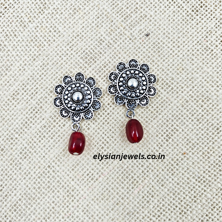 Round Flower Type Silver Studs Oxidized Earring