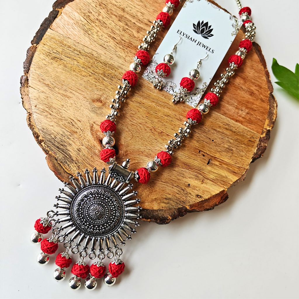 Red Cotton Beads With Oxidized Pendant Necklace