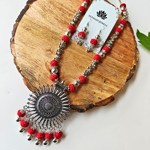 Red Cotton Beads With Oxidized Pendant Necklace