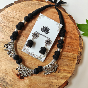 Black cotton Beads With Three Oxidized Pendant Necklace