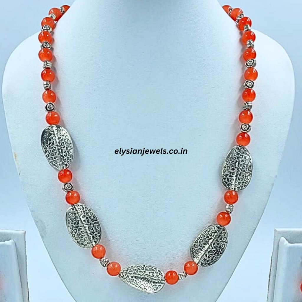 Orange Beads And Silver Rose Beads With Silver Twisted Leaf Oxidized Necklace