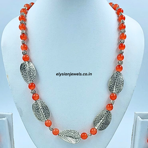 Orange Beads And Silver Rose Beads With Silver Twisted Leaf Oxidized Necklace