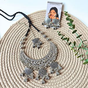 Oxidized Chand Shape Pendant, Oxidized Charms, Oxidized Jhumka With Black Cotton Dori Oxidized Necklace
