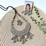Oxidized Chand Shape Pendant, Oxidized Charms, Oxidized Jhumka With Black Cotton Dori Oxidized Necklace